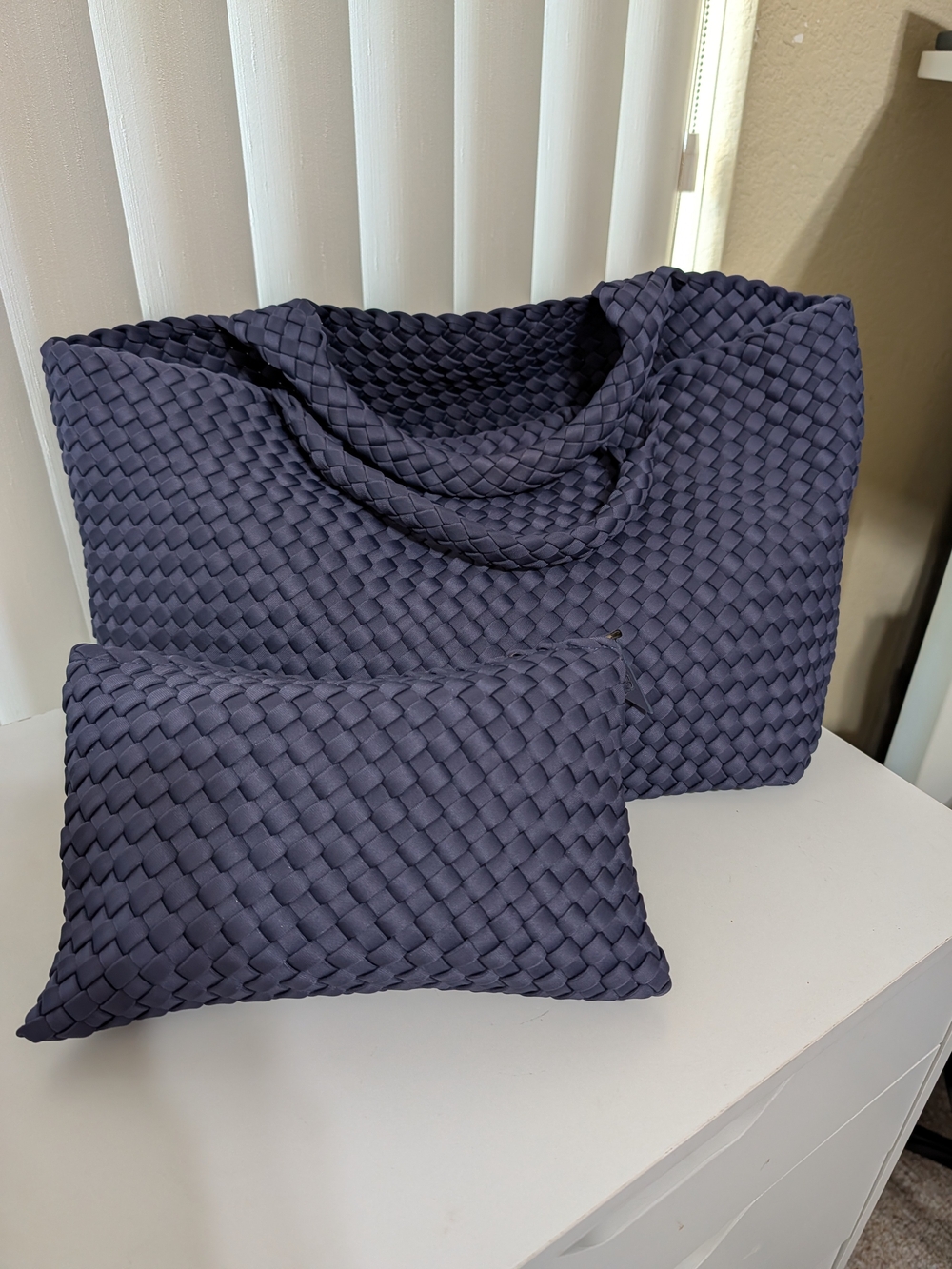 Naghedi Navy Woven Tote with Matching Pillow